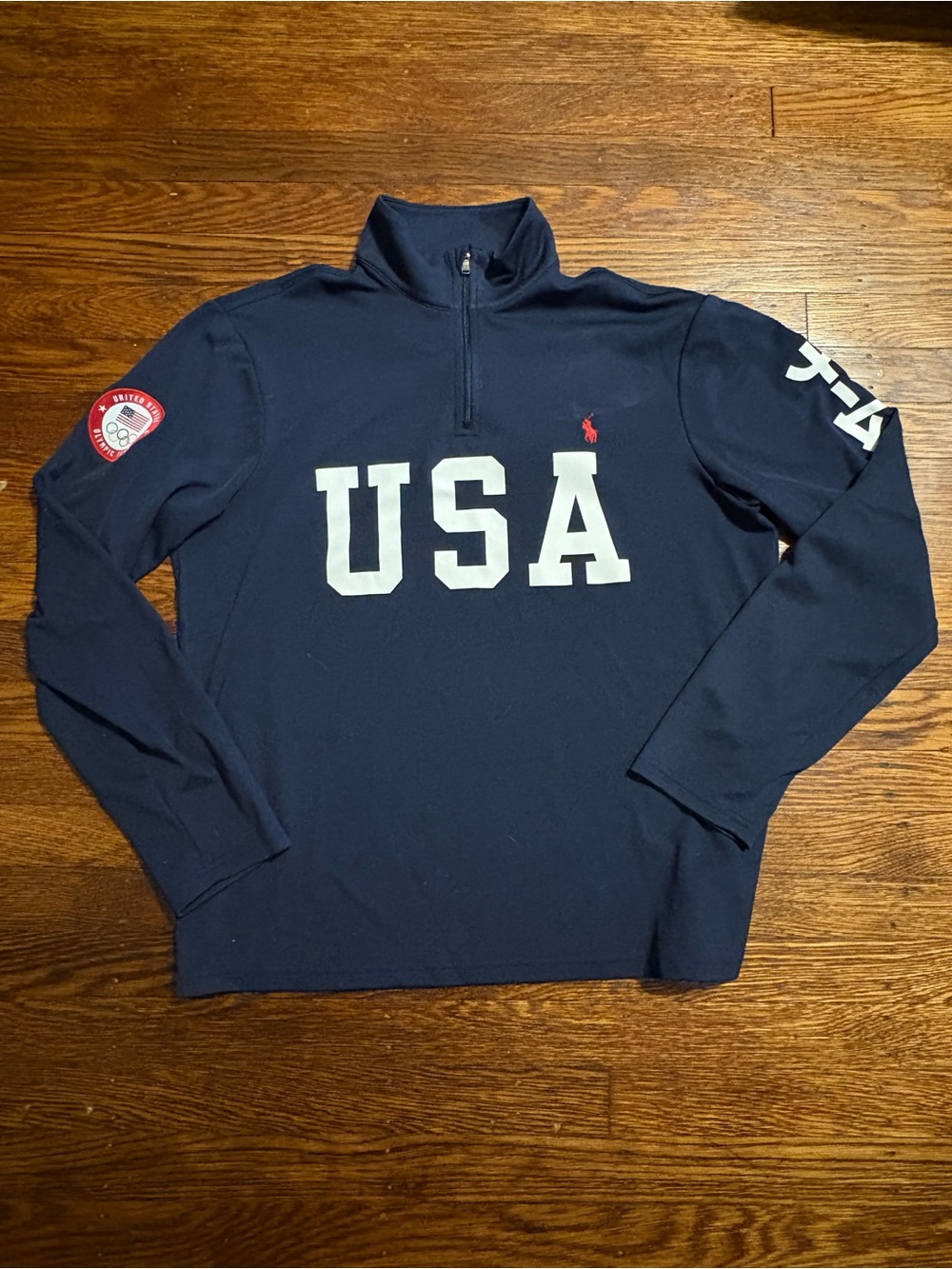 Ralph Lauren Navy 1/4 Zip Pullover with Red Pony and White USA